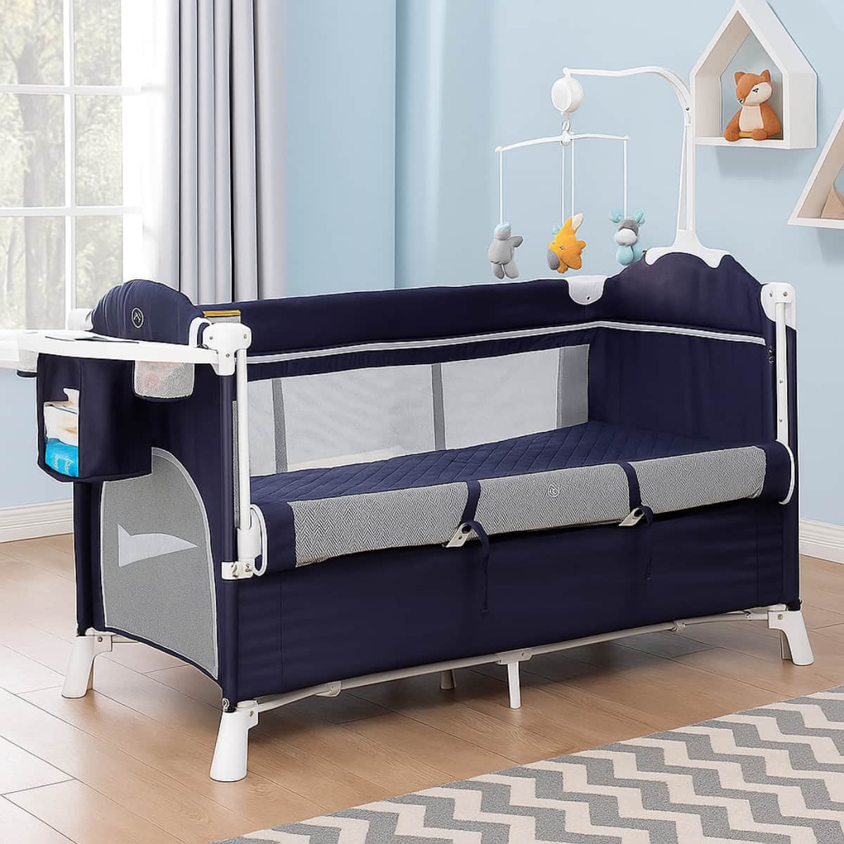 Teknum Blue 4 in 1 Baby Bedside Co Sleeper Bassinet and Playpen with Rocker Toddler, 0-2 Years