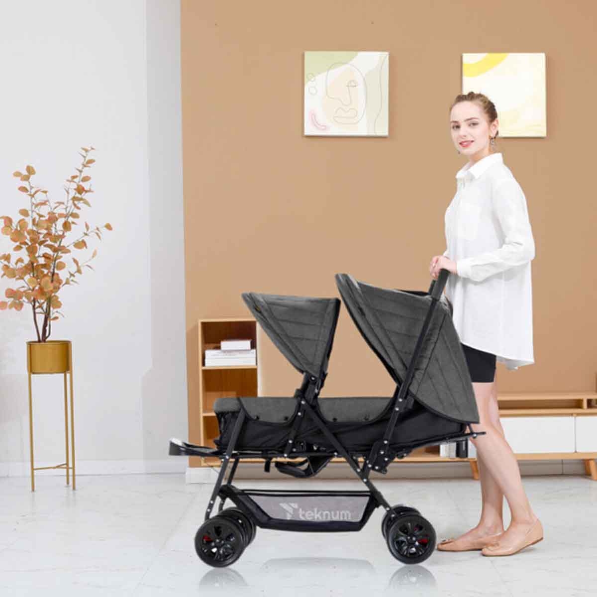 Teknum Dark Grey Double Baby Stroller Toddler, 0-2 Years
