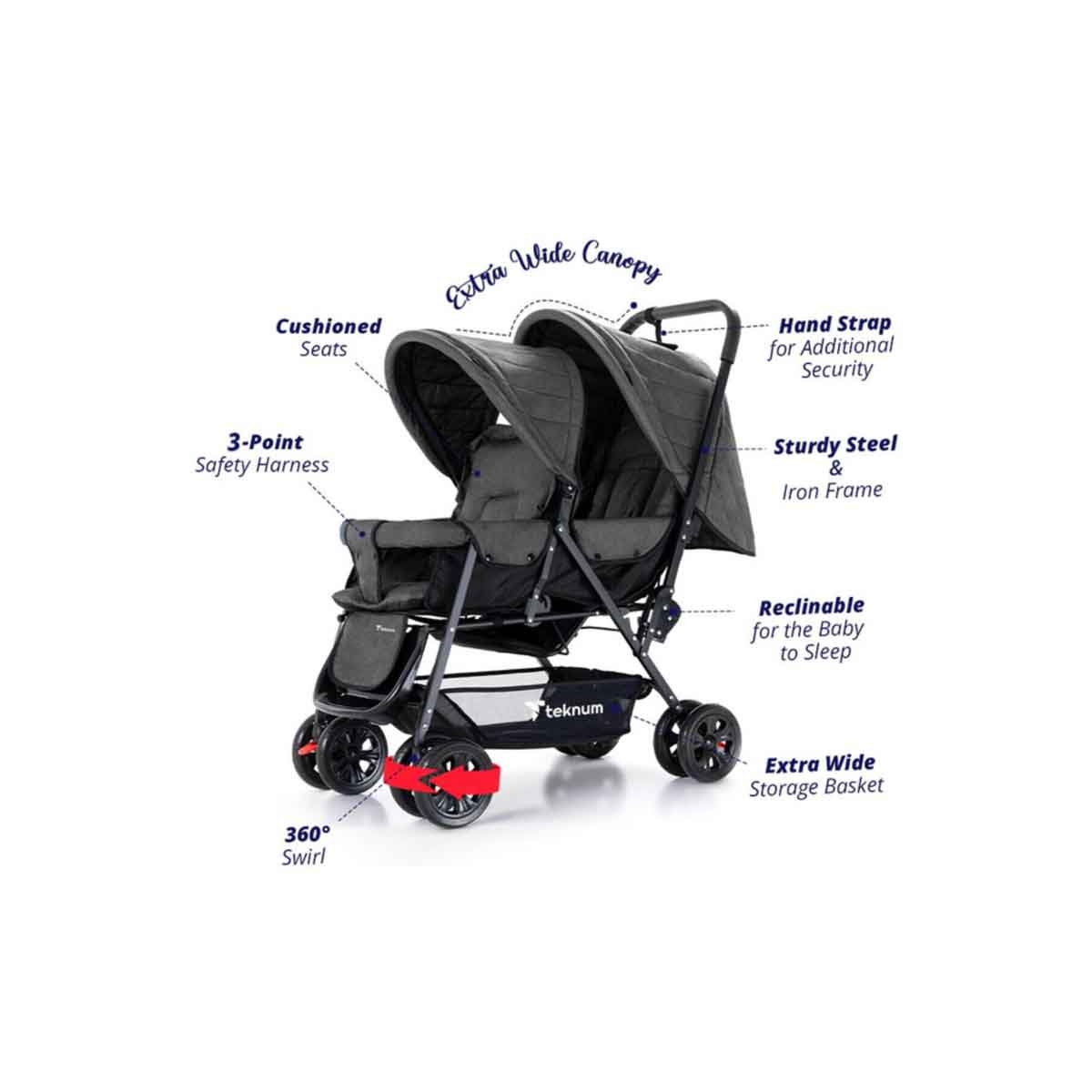 Teknum Dark Grey Double Baby Stroller Toddler, 0-2 Years