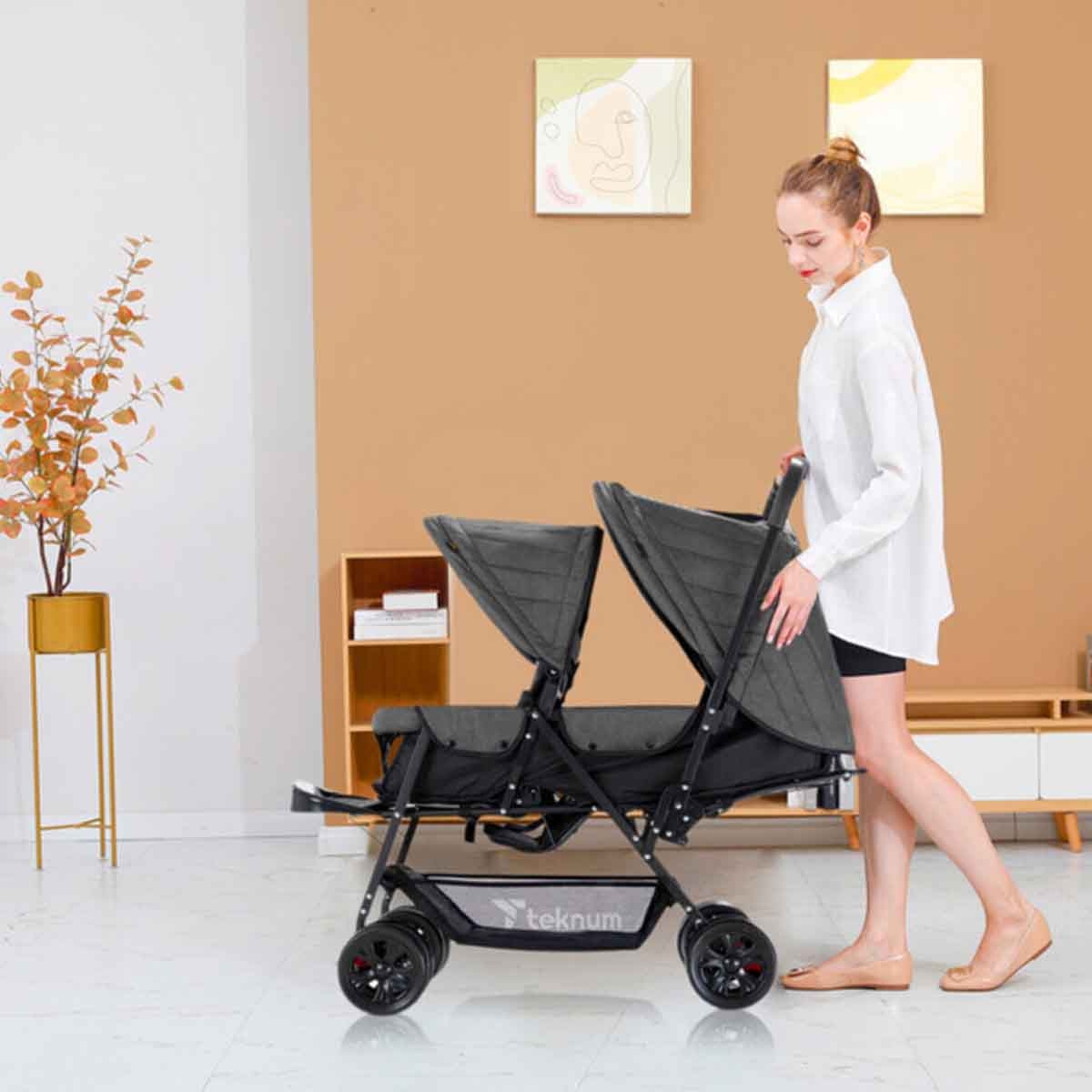 Teknum Dark Grey Double Baby Stroller Toddler, 0-2 Years