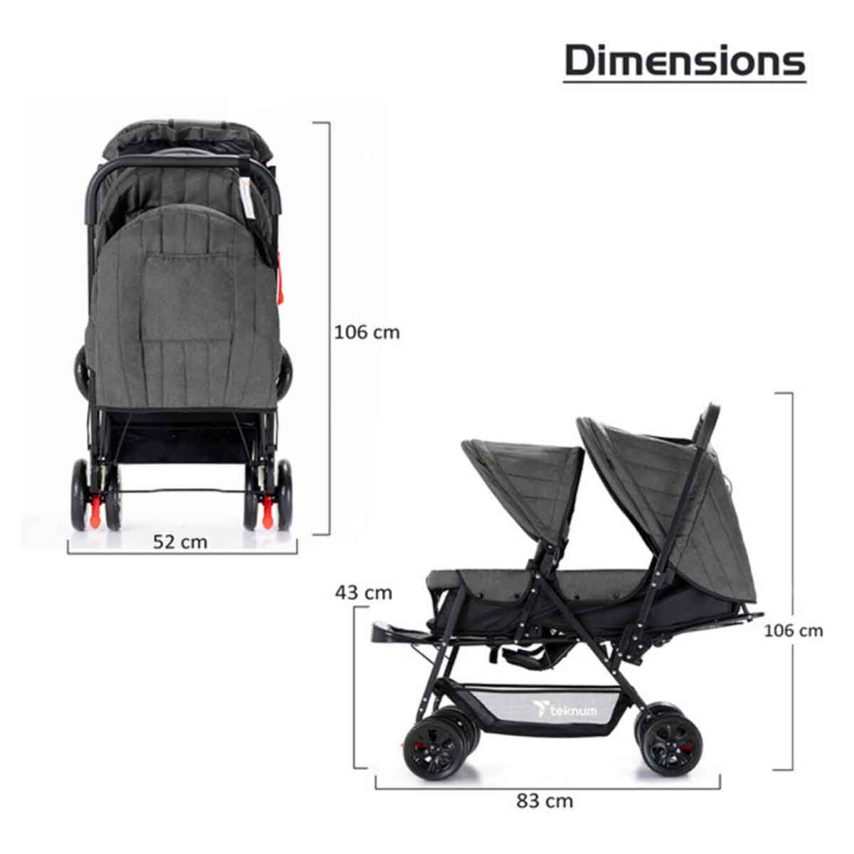 Teknum Dark Grey Double Baby Stroller Toddler, 0-2 Years