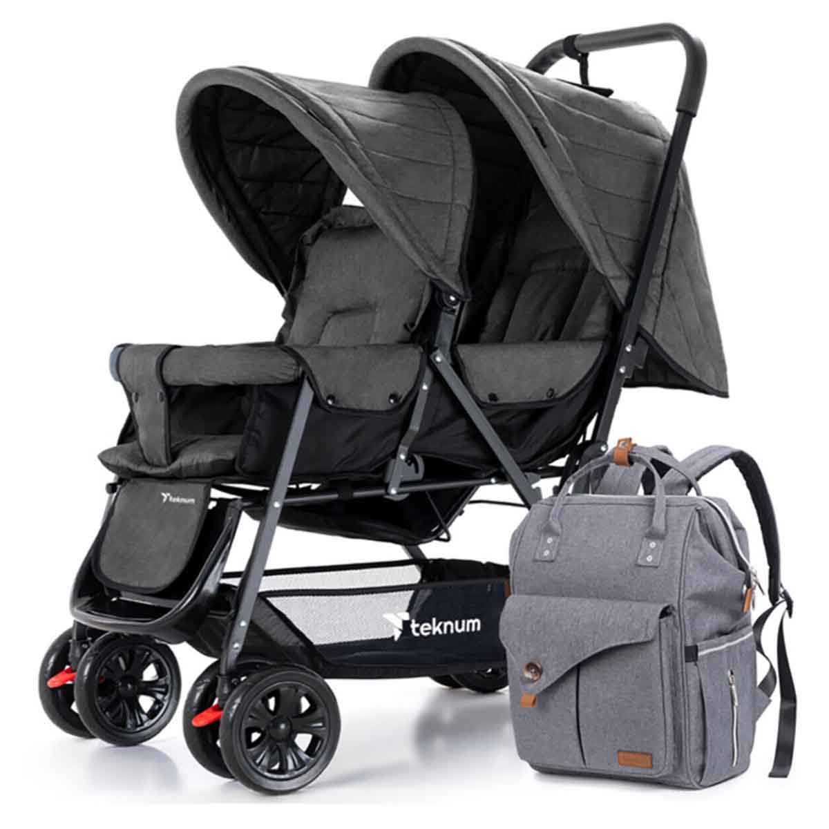 تيكنوم عربة أطفال مزدوجة رمادي غامق مع مجموعة حقيبة حفاضات ظهر للأطفال، 0-2 سنة