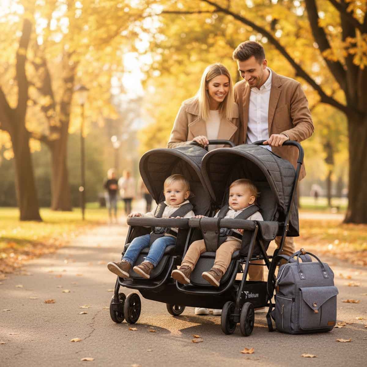 Teknum Dark Grey Double Stroller with Diaper Backpack Set Toddler, 0-2 Years