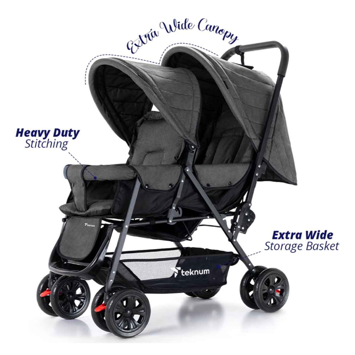Teknum Dark Grey Double Stroller with Diaper Backpack Set Toddler, 0-2 Years