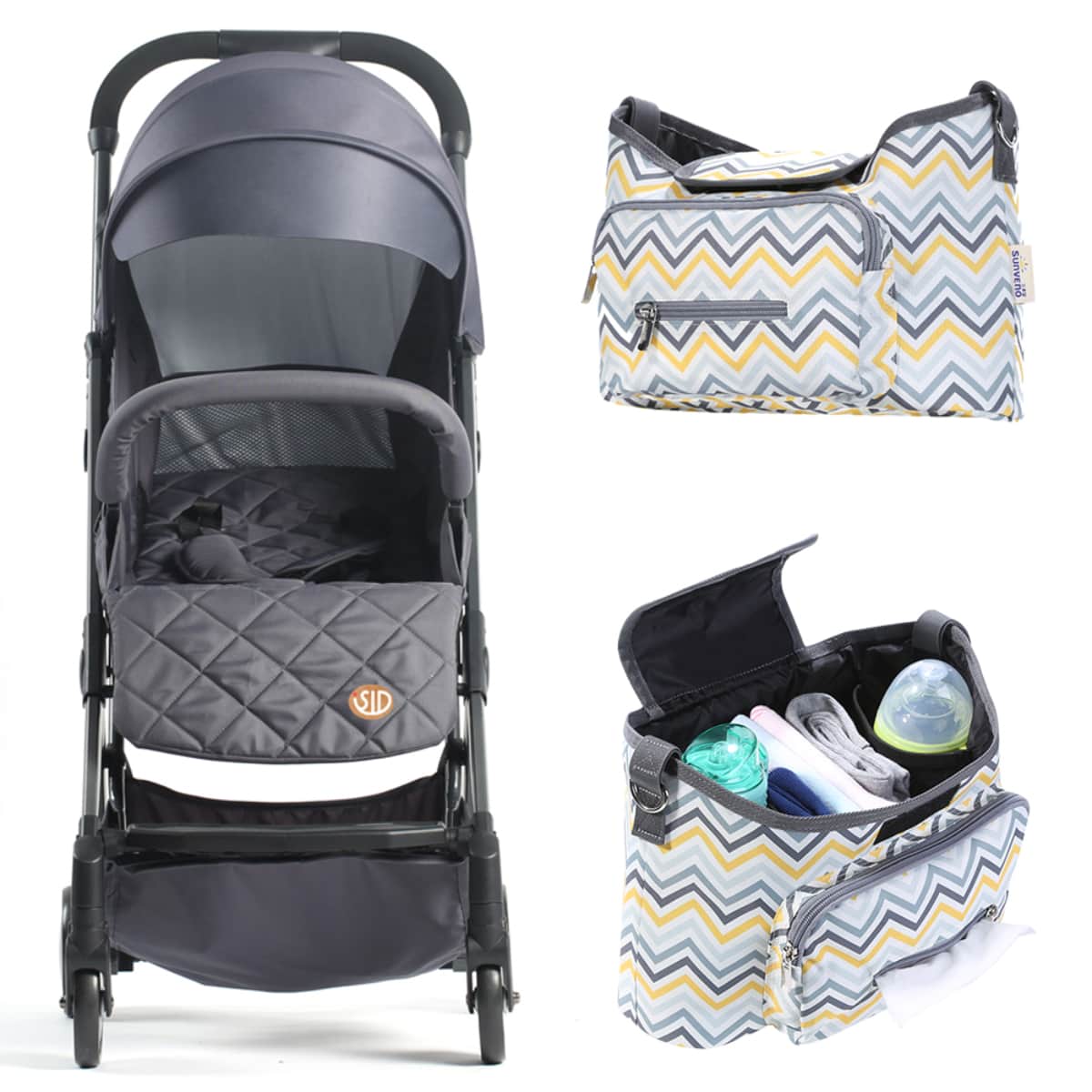 Teknum Dark Grey Travel Lite Stroller with Sunveno Yellow Wave Organizer Toddler, 0-2 Years