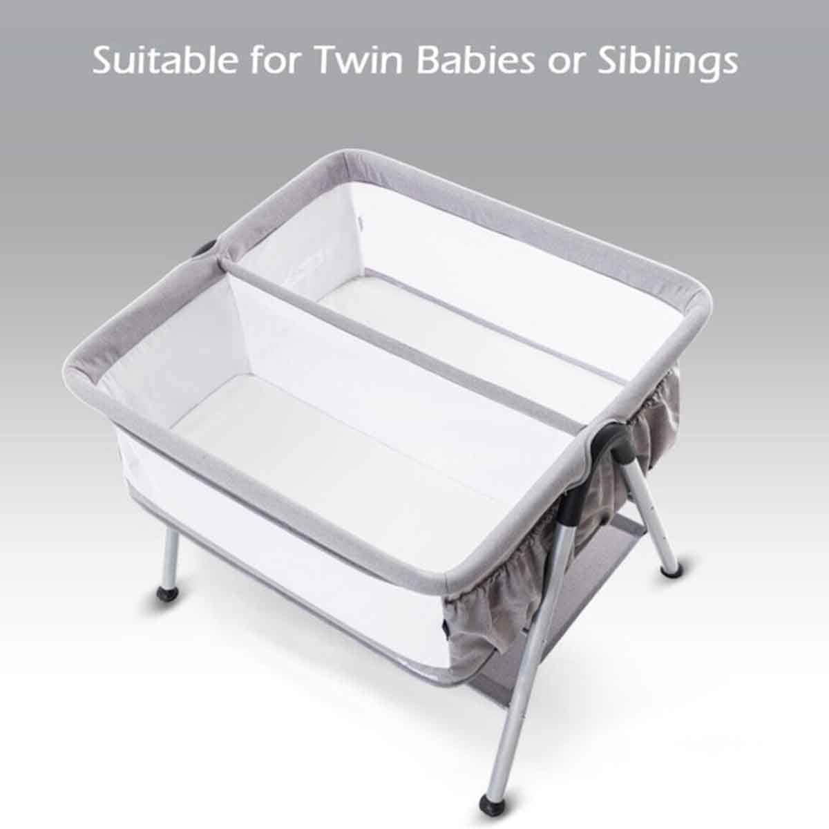 Teknum Fellow 2 Grey Twin Bedside Crib Bassinet Toddler, 0-2 Years