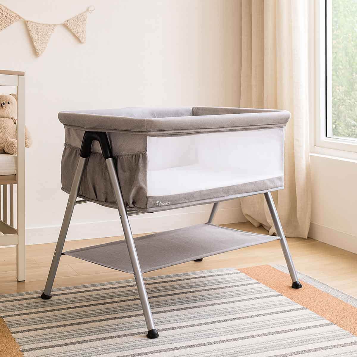 Teknum Fellow 2 Grey Twin Bedside Crib Bassinet Toddler, 0-2 Years
