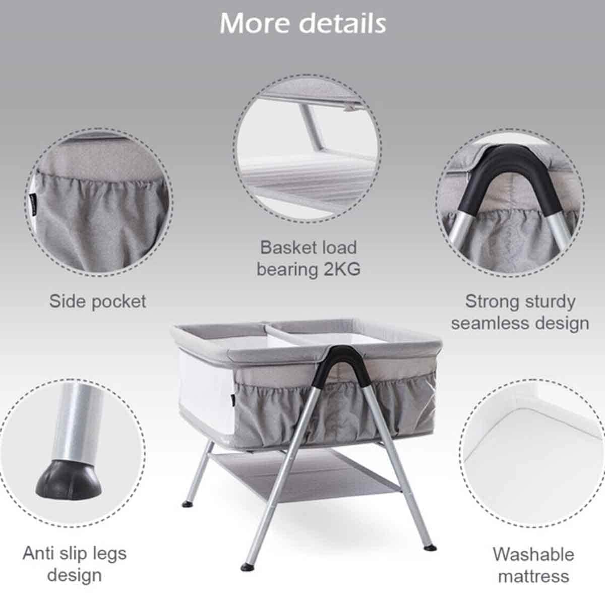 Teknum Fellow 2 Grey Twin Bedside Crib Bassinet Toddler, 0-2 Years