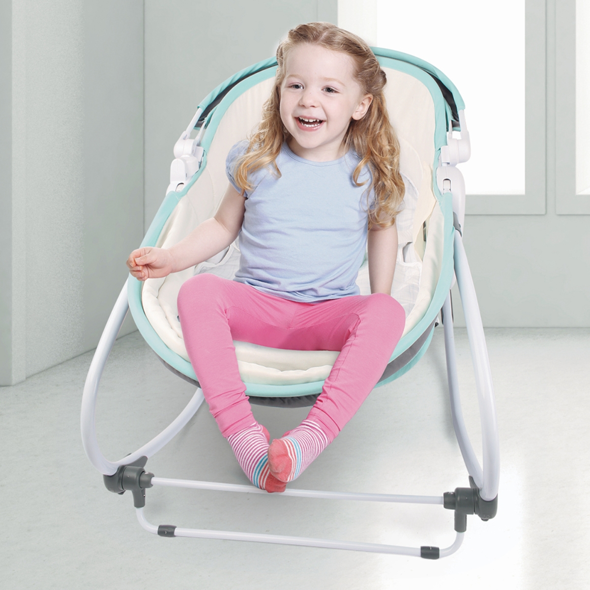 تيكنوم مهد روكر مريح 6 في 1 مع عجلات ومظلة وناموسية باللون الأخضر للأطفال من عمر 0 إلى 2 سنة