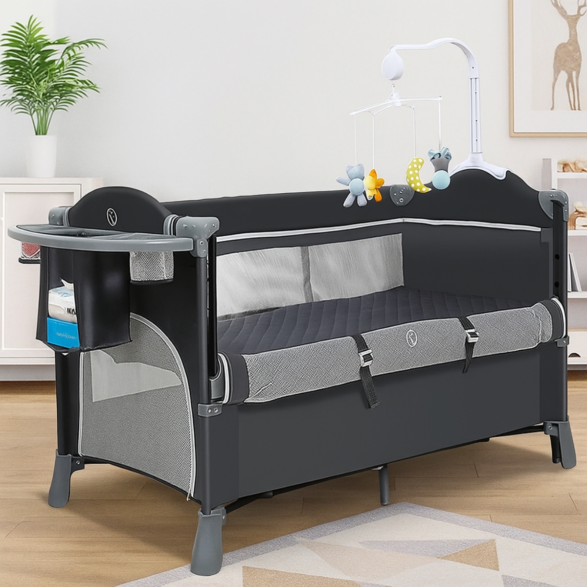 Teknum Grey 4 in 1 Baby Bedside Co Sleeper Bassinet and Playpen with Rocker Toddler, 0-2 Years