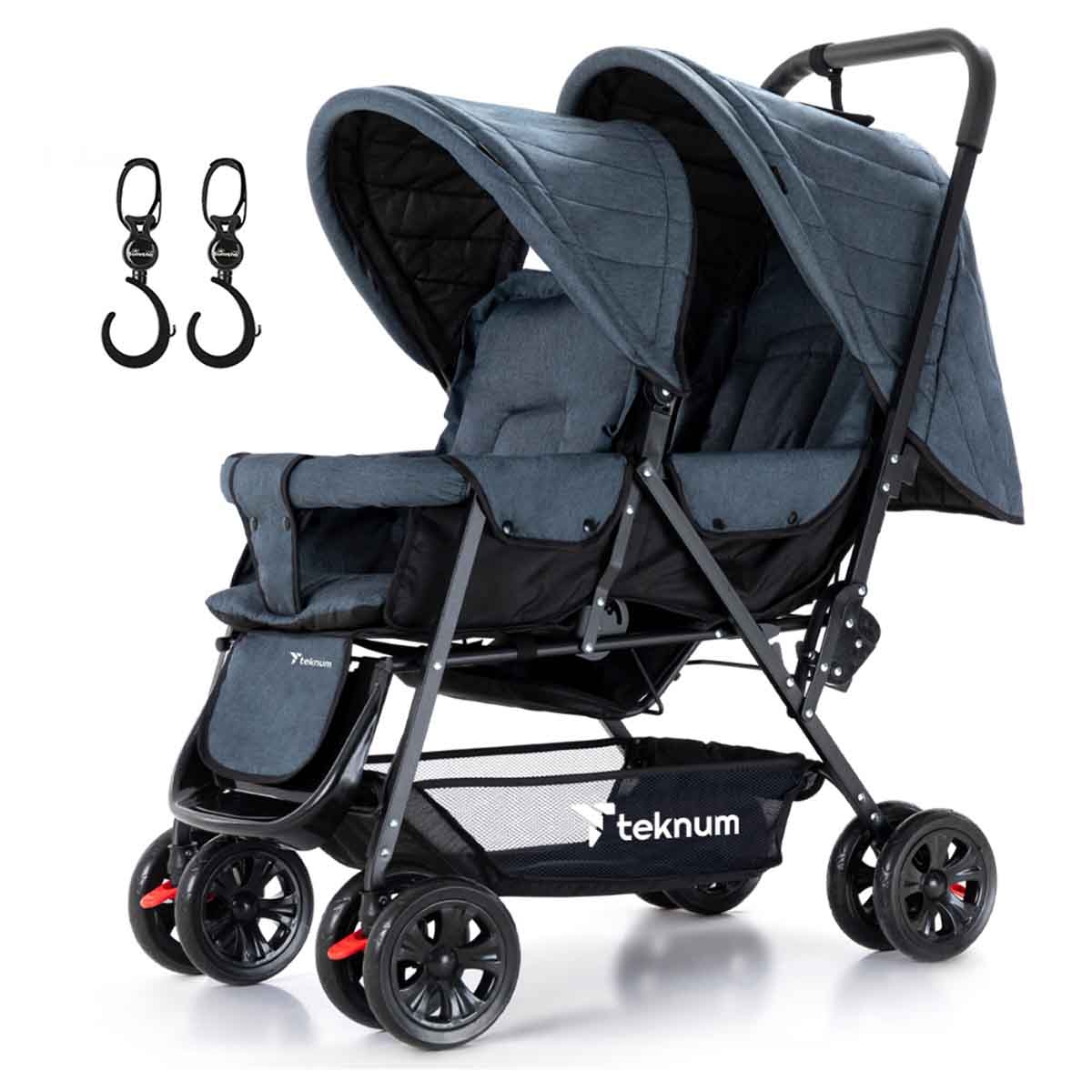 تيكنوم عربة أطفال مزدوجة رمادية مع خطافات للأطفال، 0-2 سنة