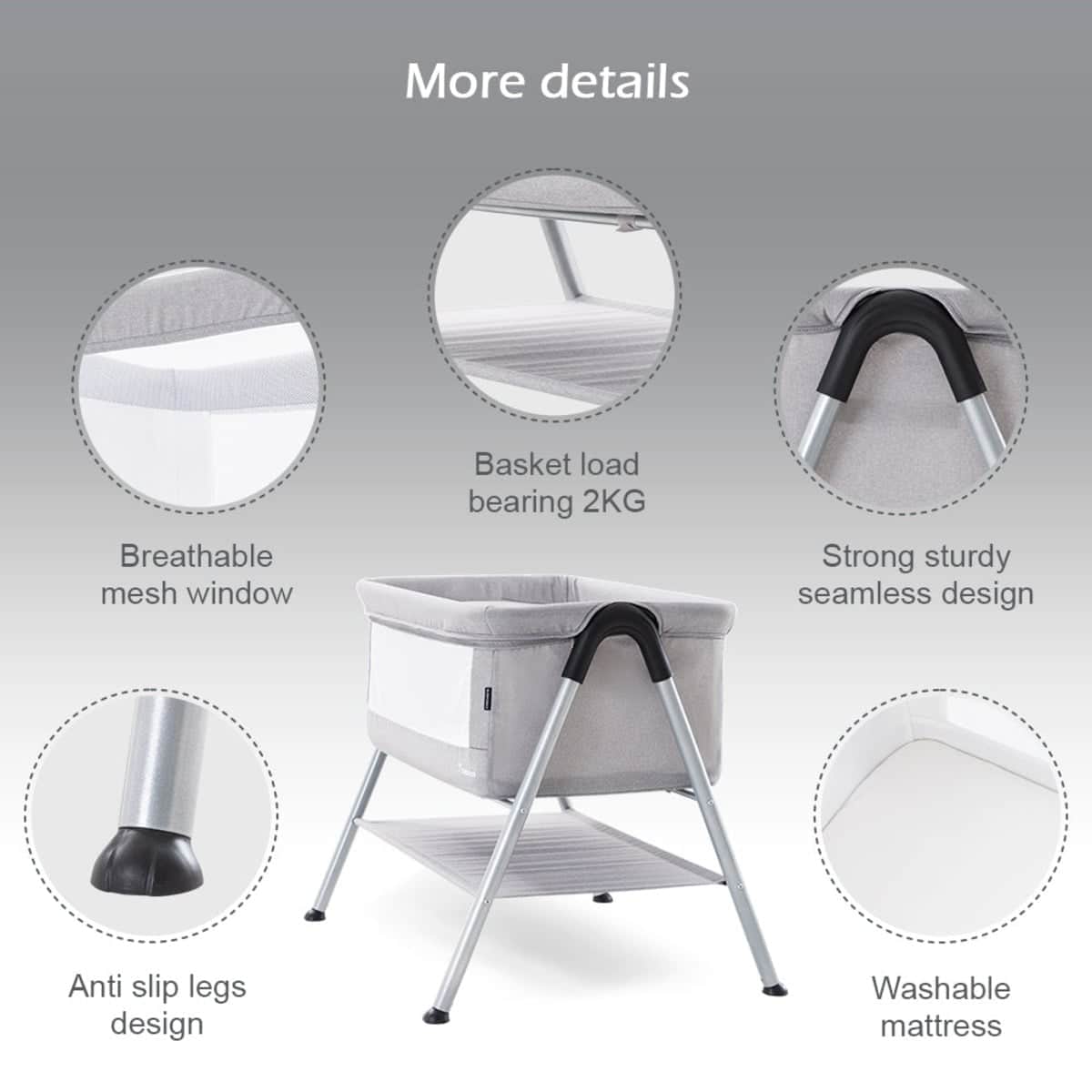 Teknum Grey Sleepzen 2 Bedside Crib Bassinet