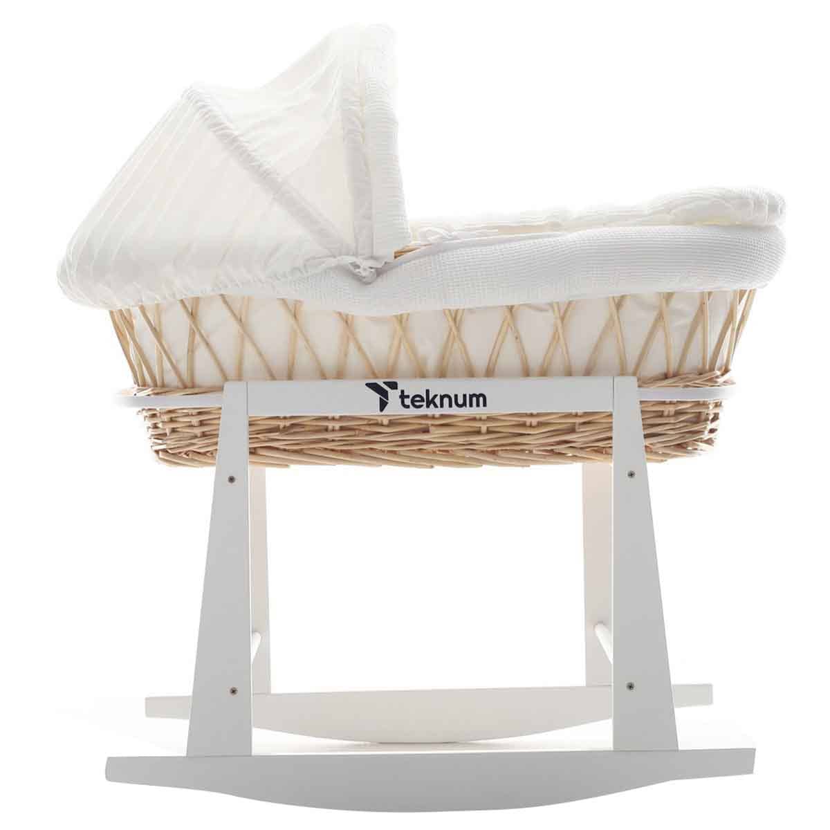 Teknum Infant Wicker Moses Basket with White Waffle Bedding & White Rocker Stand Wooden Brown Toddler, 0-2 Years