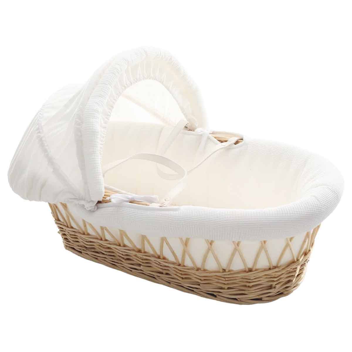 Teknum Infant Wicker Moses Basket with White Waffle Bedding Wooden Brown Toddler, 0-2 Years