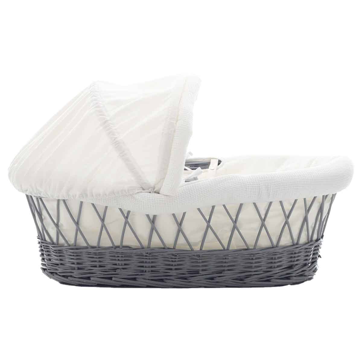 Teknum Infant Wicker Moses Basket with White Waffle Bedding Wooden Grey Toddler, 0-2 Years