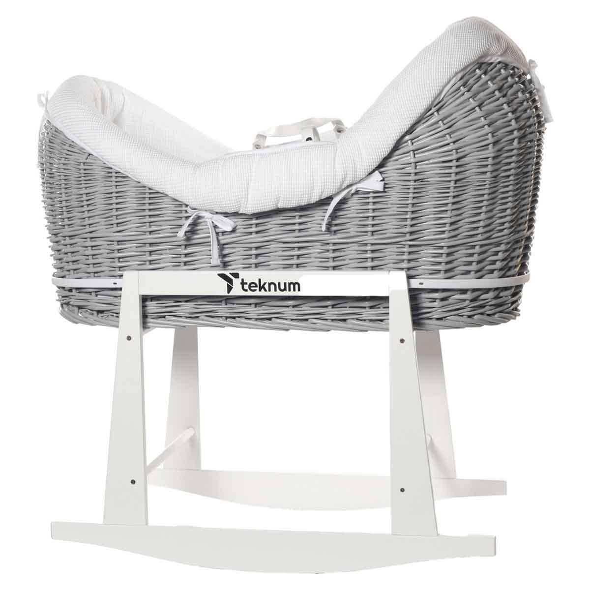 Teknum Infant Wicker Pod Moses Basket with White Waffle Bedding & White Rocker Stand Wooden Grey Toddler, 0-2 Years