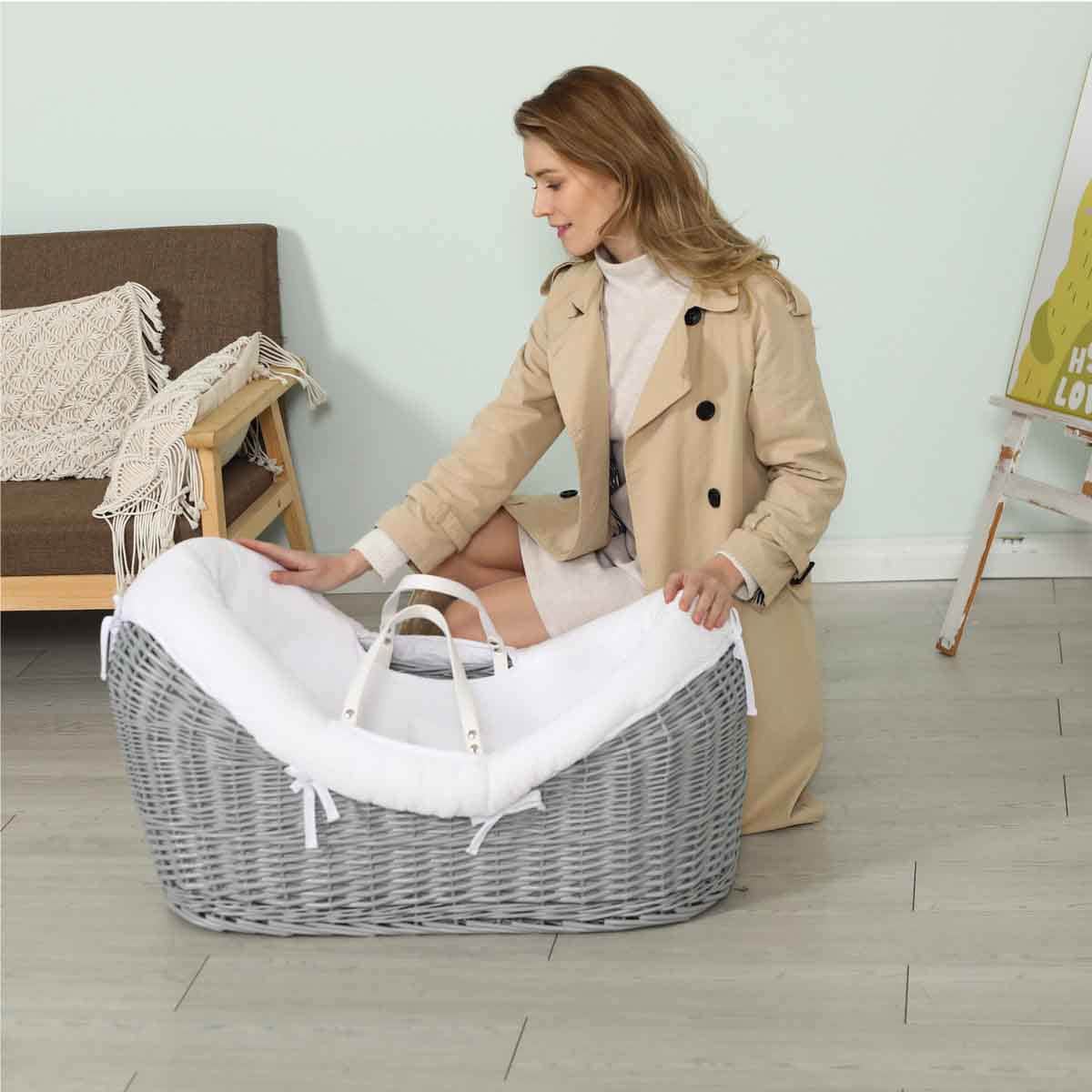 Teknum Infant Wicker Pod Moses Basket with White Waffle Bedding Wooden Grey Toddler, 0-2 Years
