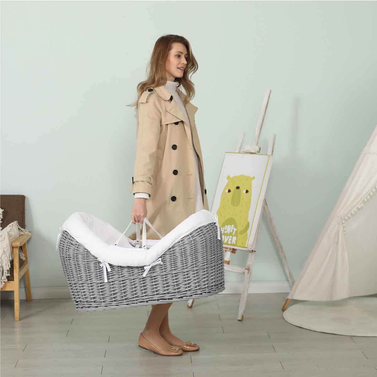 Teknum Infant Wicker Pod Moses Basket with White Waffle Bedding Wooden Grey Toddler, 0-2 Years