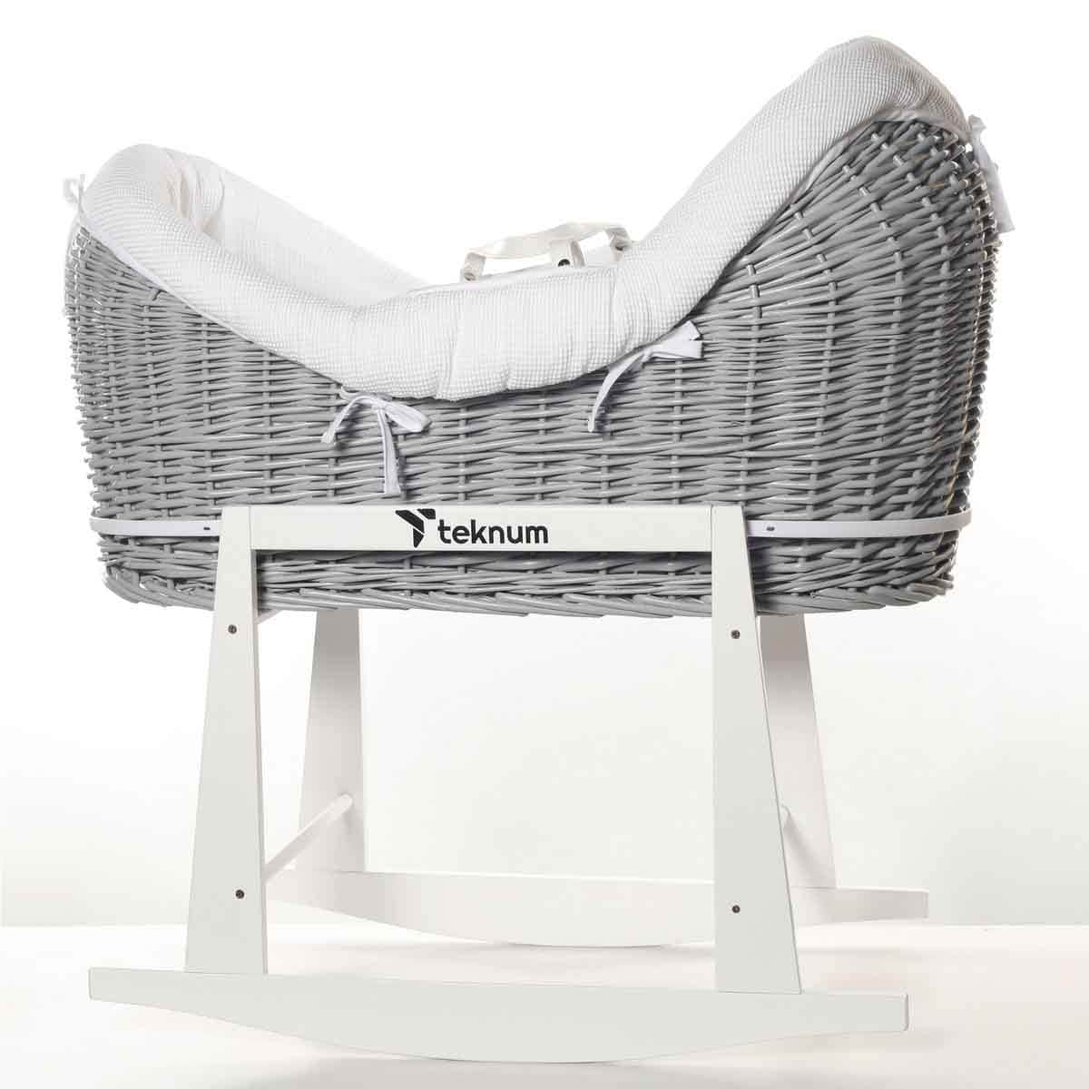 Teknum Infant Wicker Pod Moses Basket with White Waffle Bedding Wooden Grey Toddler, 0-2 Years