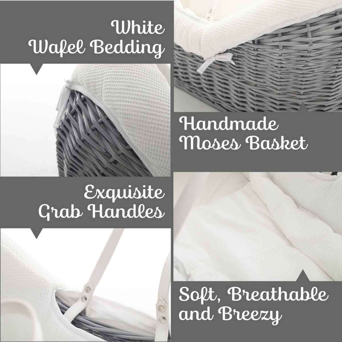 Teknum Infant Wicker Pod Moses Basket with White Waffle Bedding Wooden Grey Toddler, 0-2 Years