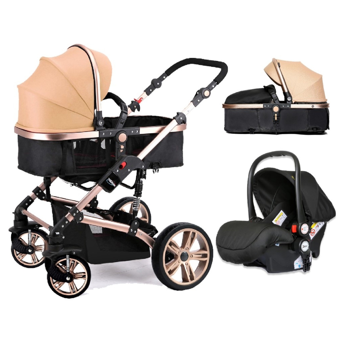 تيكنوم عربة برام 3 في 1 مع مقعد سيارة للرضع باللون الكاكي للأطفال من عمر 0 إلى 2 سنة