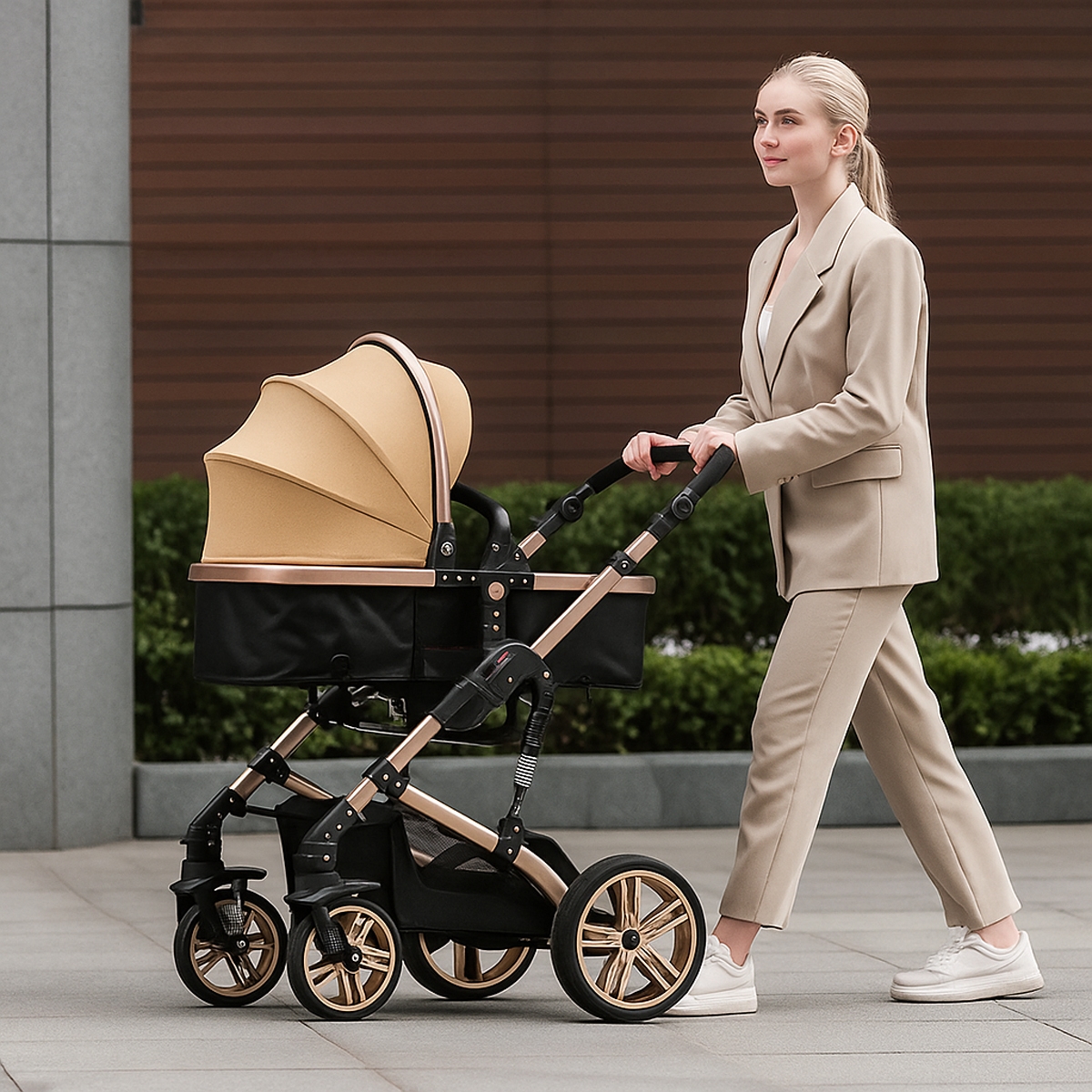 تيكنوم عربة برام 3 في 1 مع مقعد سيارة للرضع باللون الكاكي للأطفال من عمر 0 إلى 2 سنة