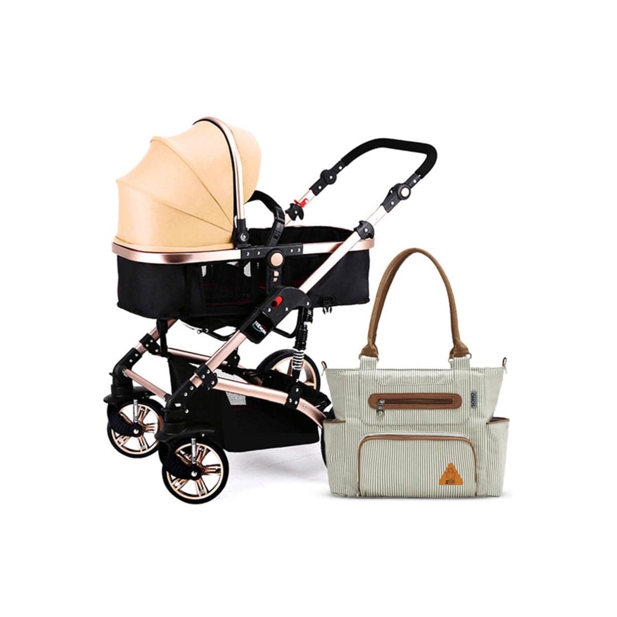 Teknum Khaki 3-in-1 Story Pram Stroller & Diaper Bag Set