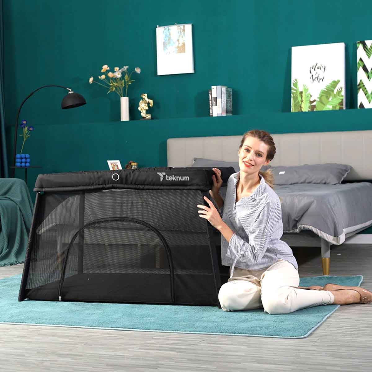 Teknum Midnight Black Portable Quick Fold Playard & Cot with Zipper Door & Carry Bag