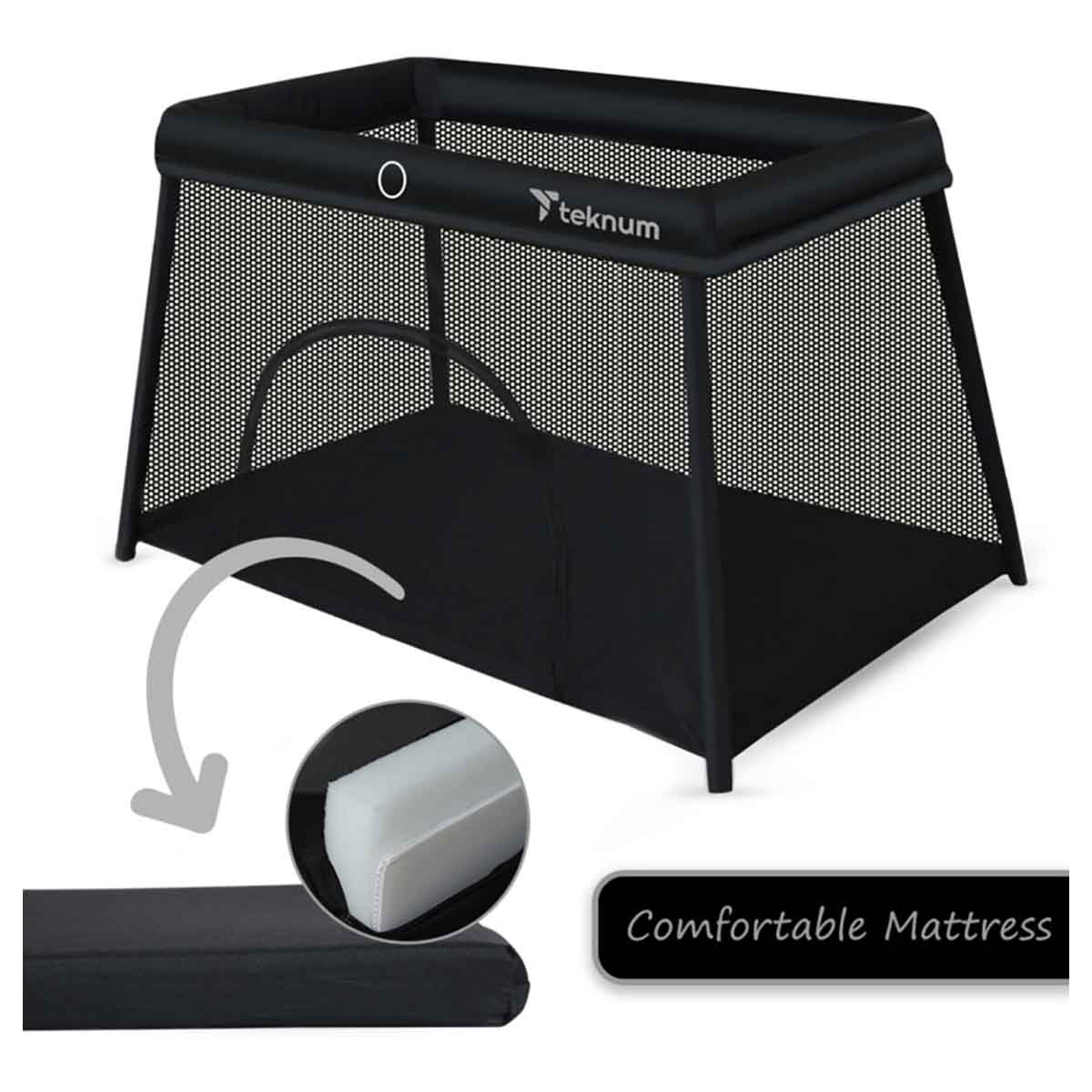 Teknum Midnight Black Portable Quick Fold Playard & Cot with Zipper Door & Carry Bag