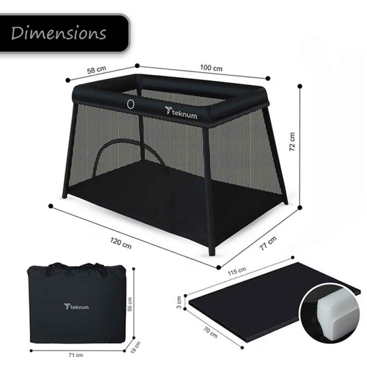 Teknum Midnight Black Portable Quick Fold Playard & Cot with Zipper Door & Carry Bag