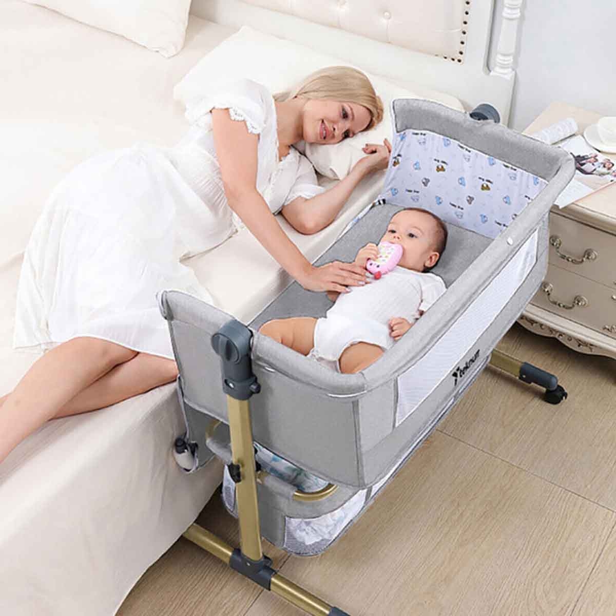 Teknum Sunshine Light Grey Bedside Crib Toddler, 0-2 Years