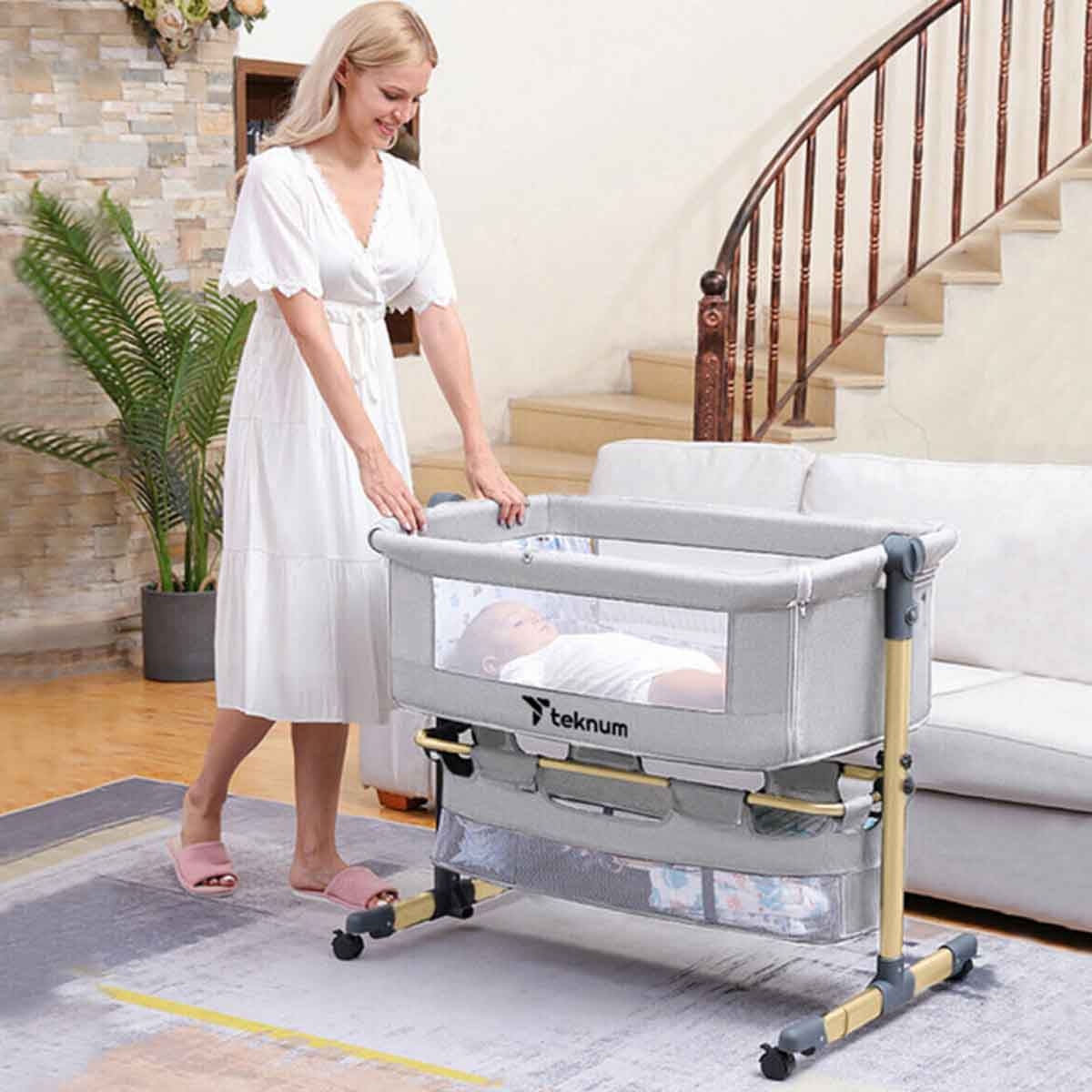Teknum Sunshine Light Grey Bedside Crib Toddler, 0-2 Years