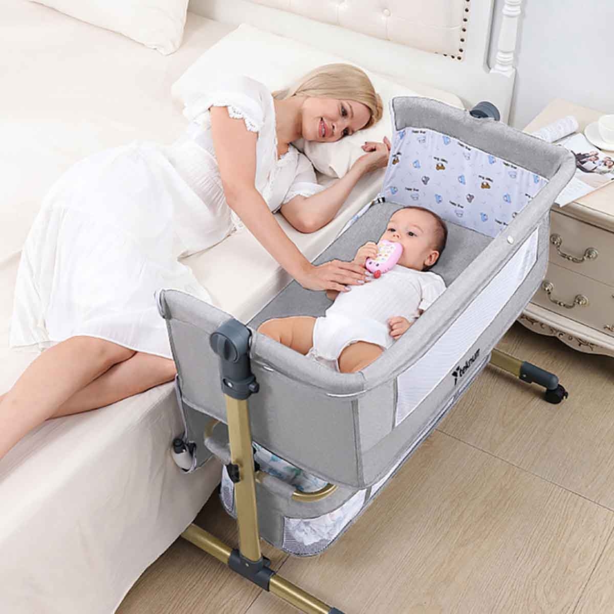 Teknum Sunshine Light Grey Bedside Crib Toddler, 0-2 Years