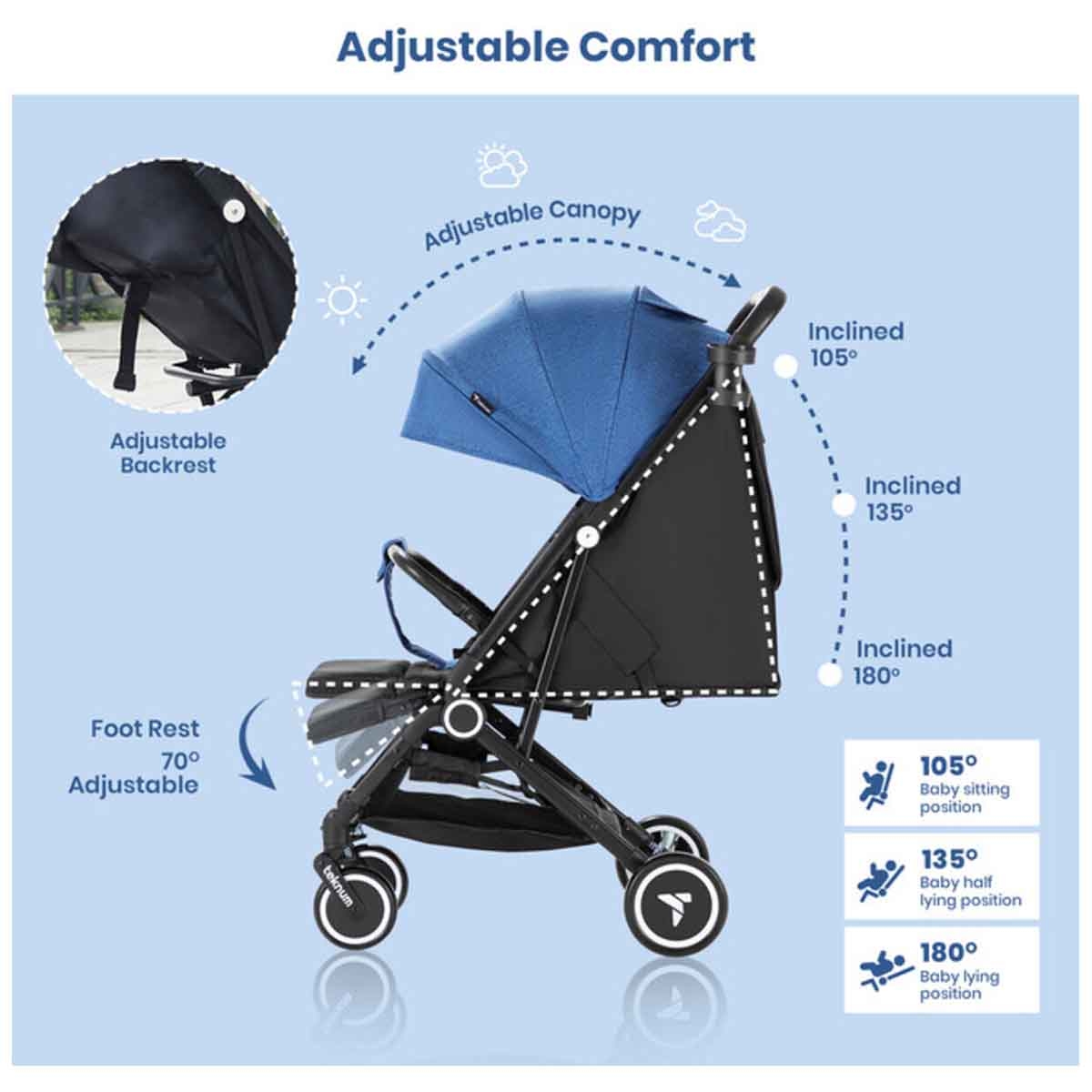 تيكنوم عربة أطفال للسفر باللون الأزرق مع حامل كوب قهوة