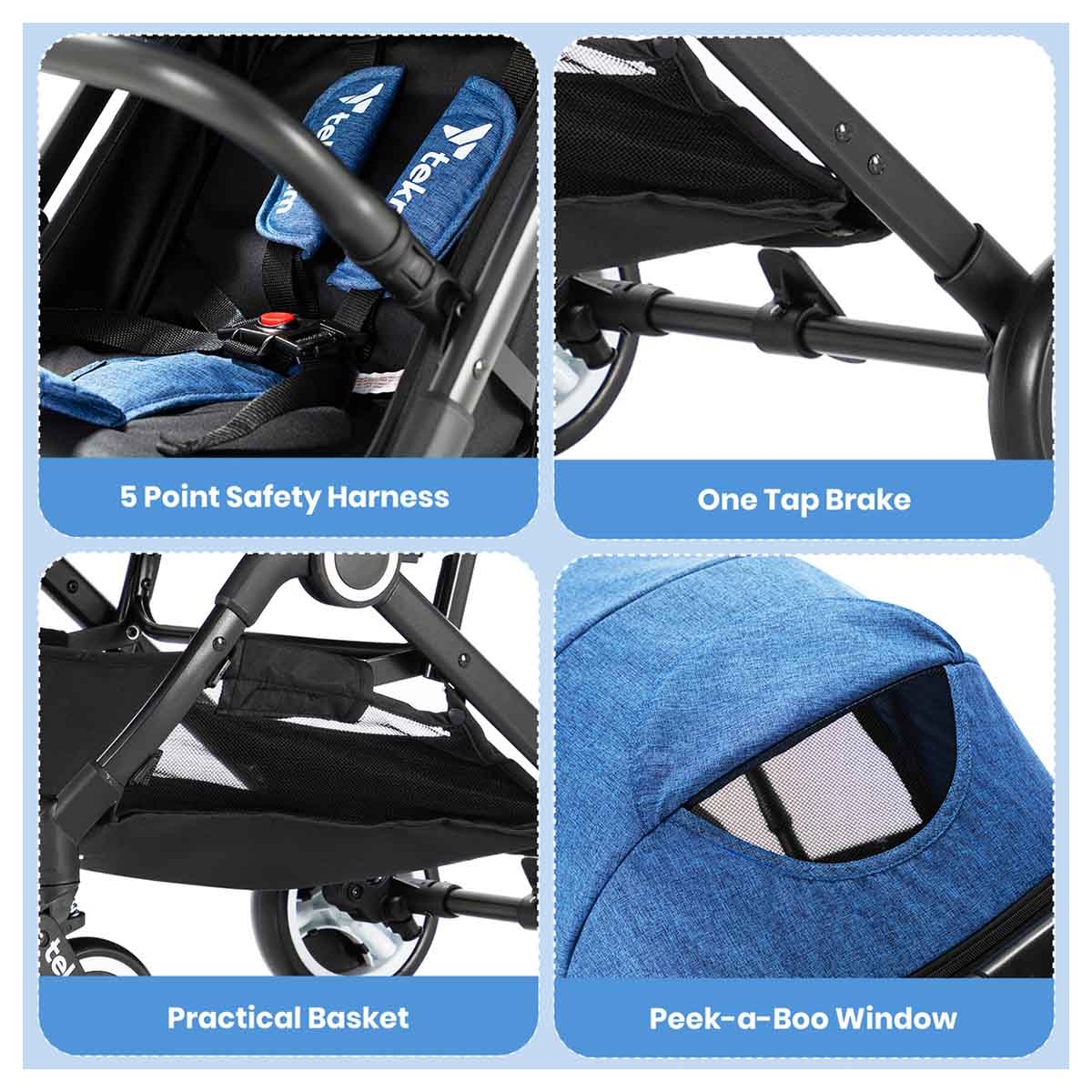 تيكنوم عربة أطفال للسفر باللون الأزرق مع حامل كوب قهوة