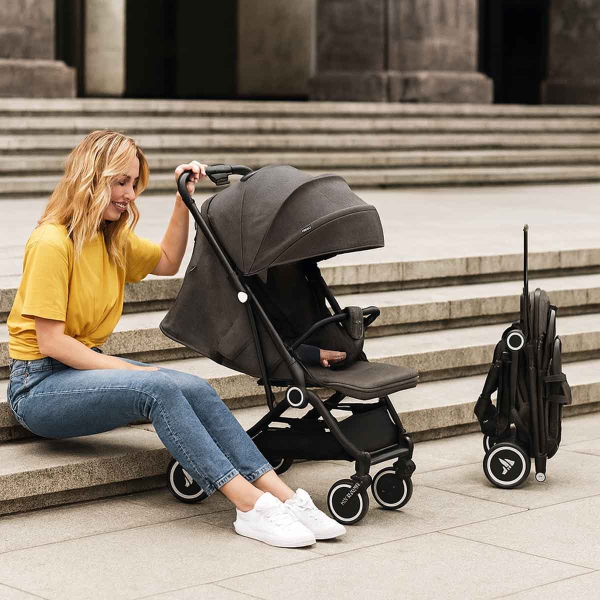 تيكنوم عربة أطفال للسفر مع حامل كوب قهوة باللون الرمادي سلايت