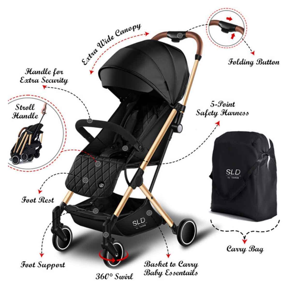 Teknum Black/Gold Travel Lite Stroller Toddler, 0-2 Years