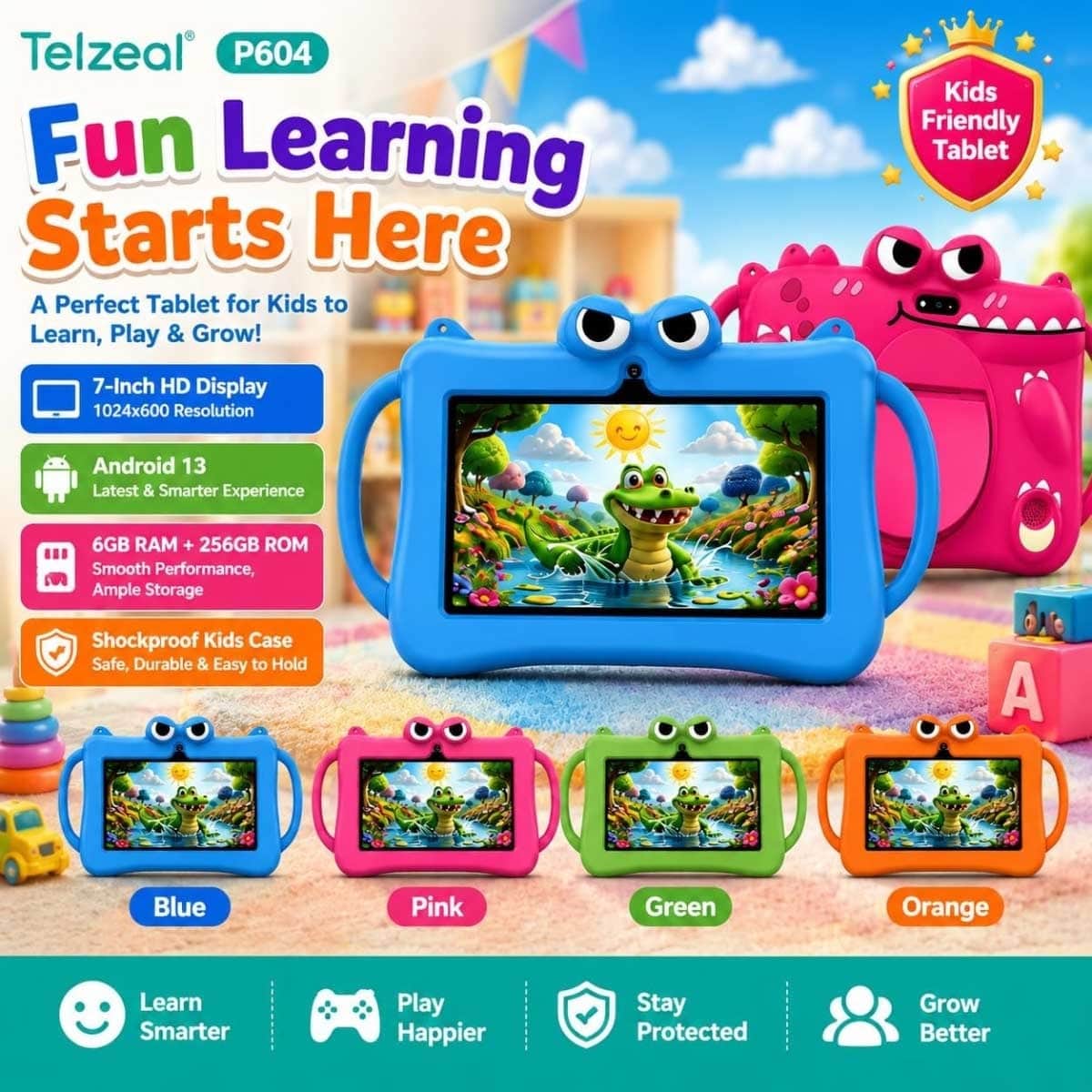 Telzeal P604 Smart Kids (6GB + 256GB) - Blue & Green Android Tablet Bundle
