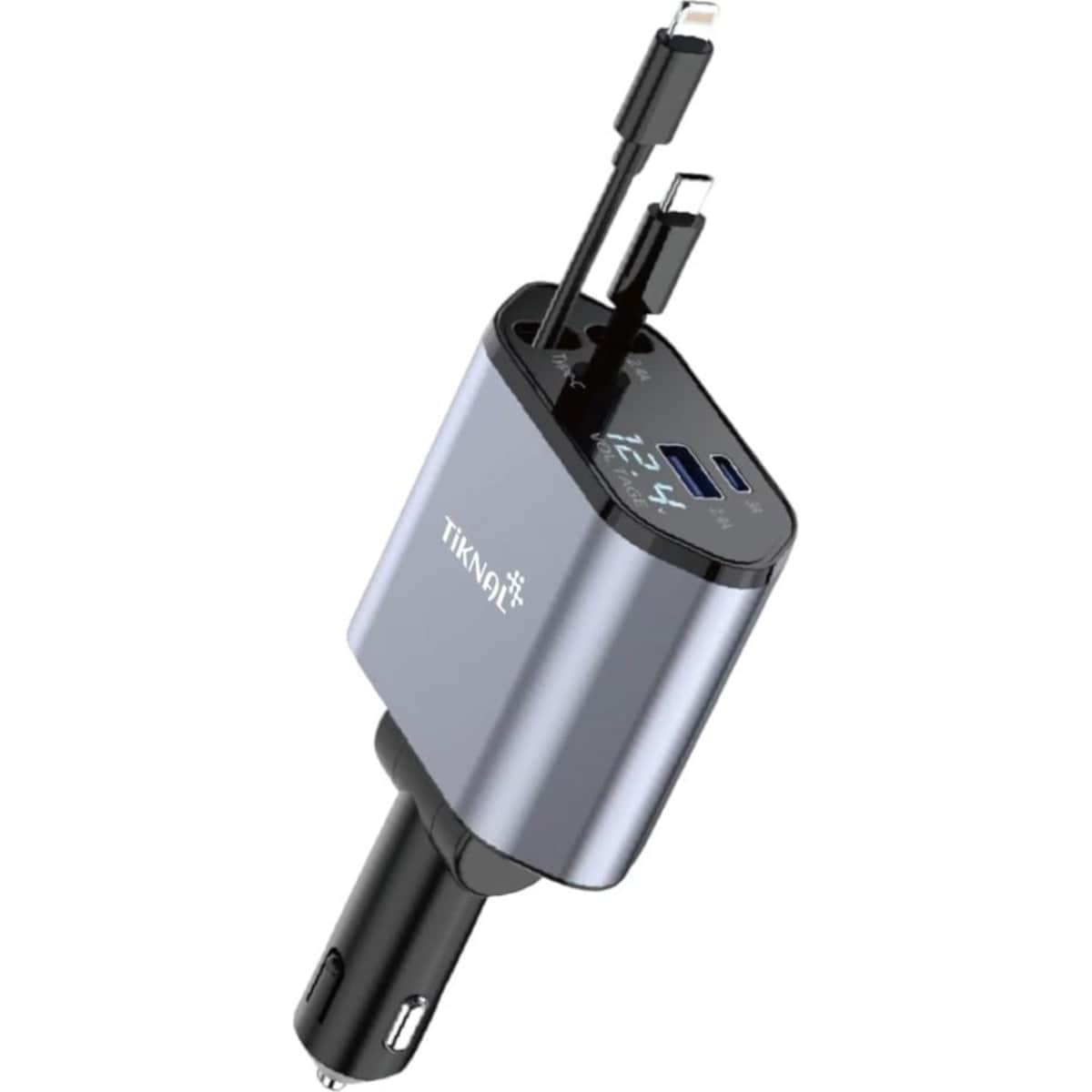 Tiknal 120W 4-in-1 Car Charger with Built-in Lightning & USB-C Cable