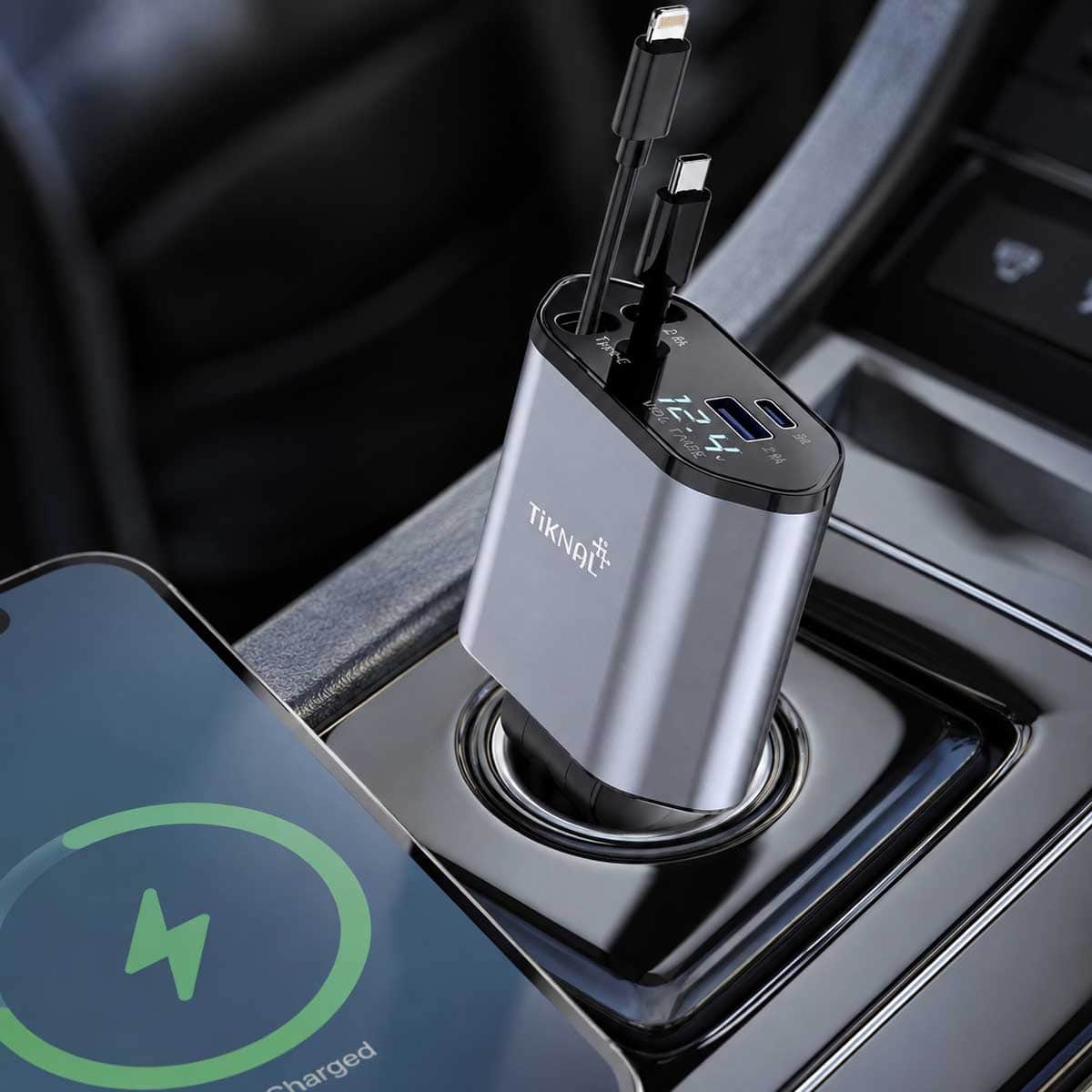 Tiknal 120W 4-in-1 Car Charger with Built-in Lightning & USB-C Cable
