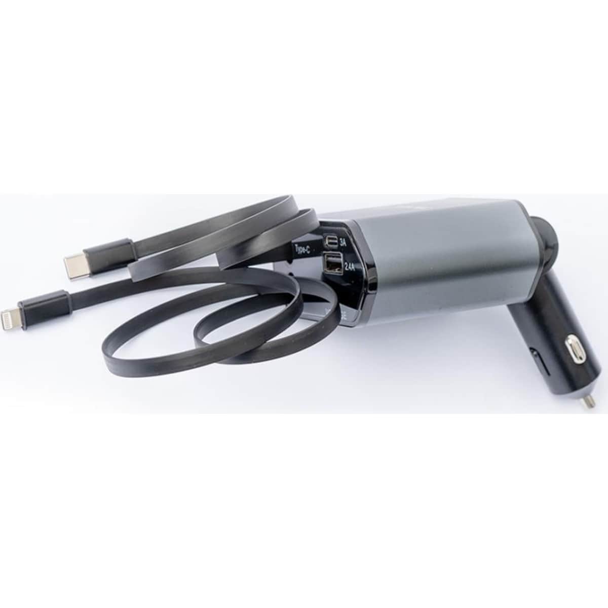 Tiknal 120W 4-in-1 Car Charger with Built-in Lightning & USB-C Cable