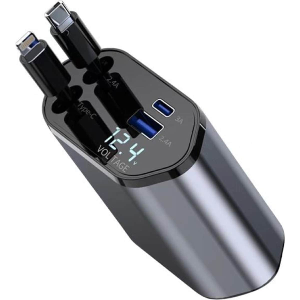 Tiknal 120W 4-in-1 Car Charger with Built-in Lightning & USB-C Cable
