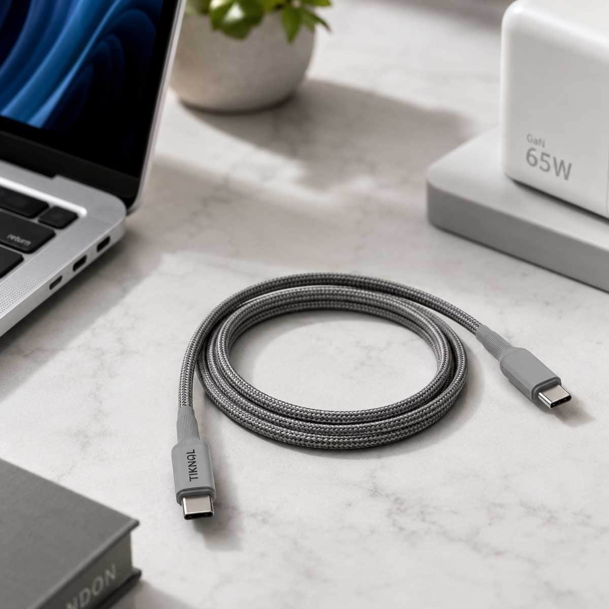 تيكنال كابل USB-C إلى USB-C PD مضفر بالنايلون بطول 1 متر، رمادي
