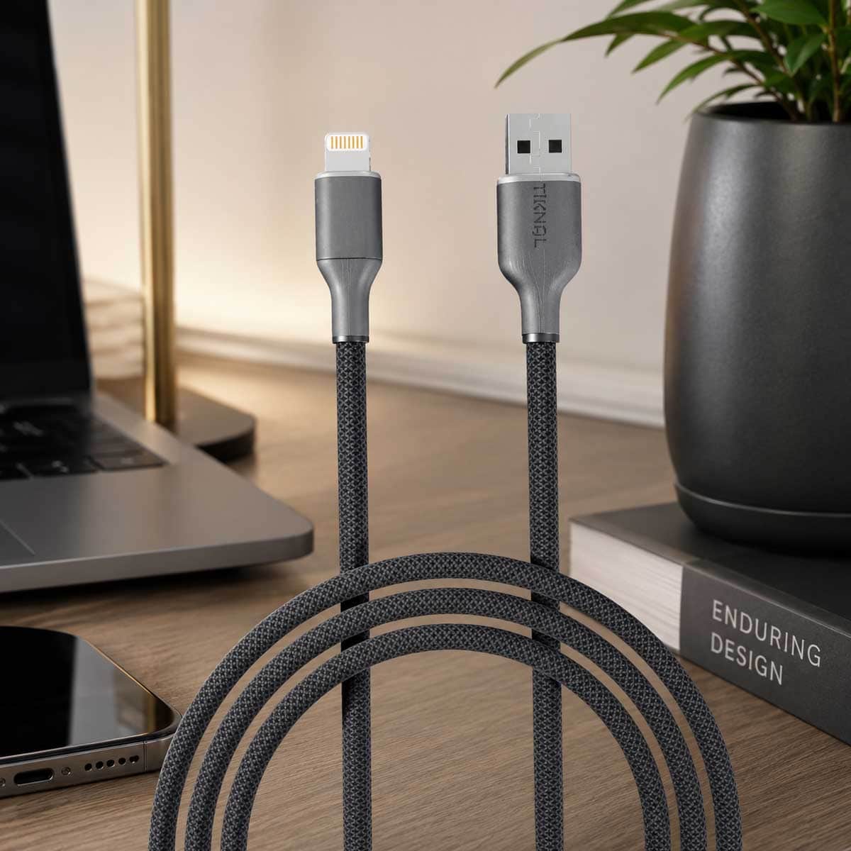تيكنال كابل USB-A إلى لايتنينج مضفر بالنايلون، رمادي