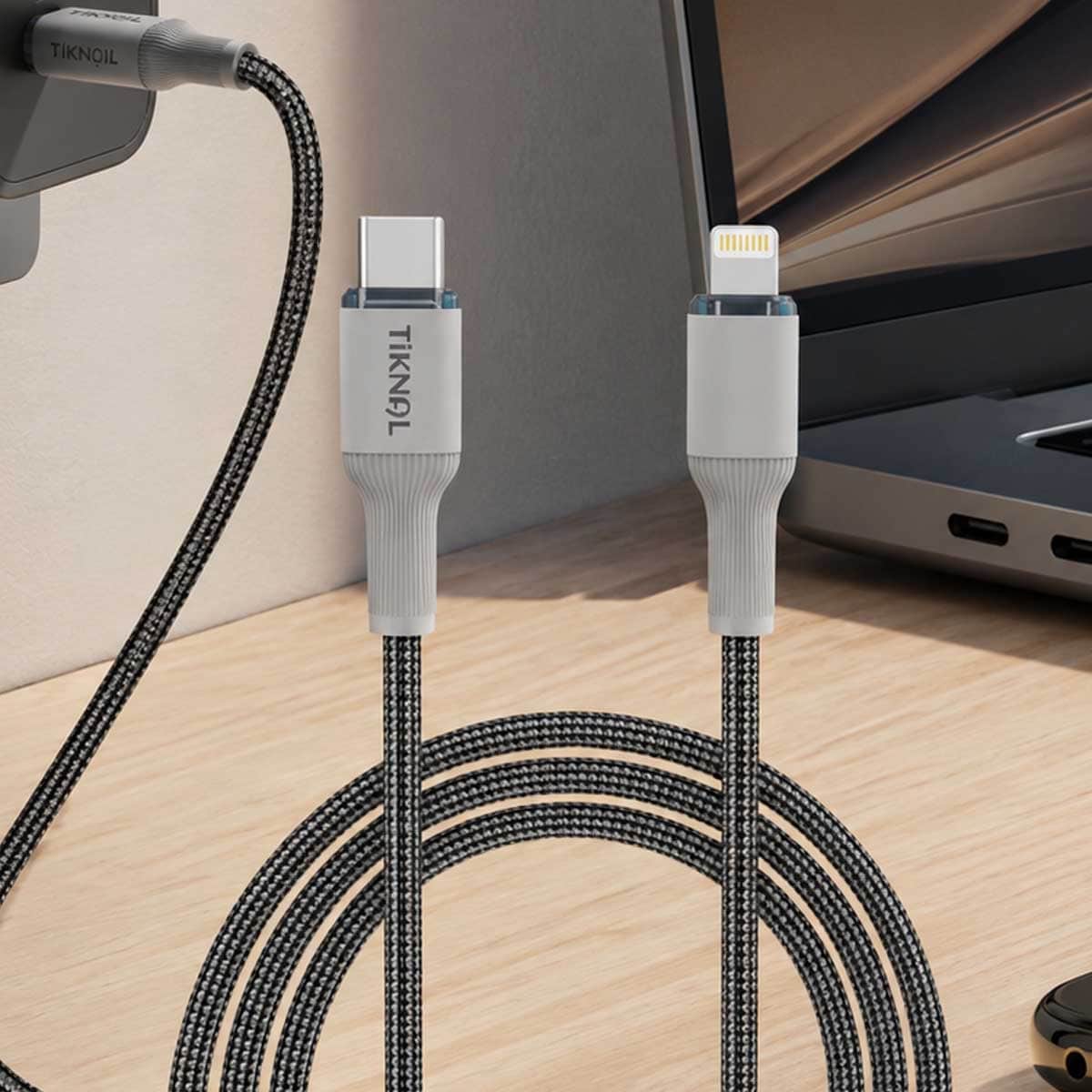 تيكنال كابل USB-C إلى لايتنينج مضفر بالنايلون بطول 2 متر، رمادي