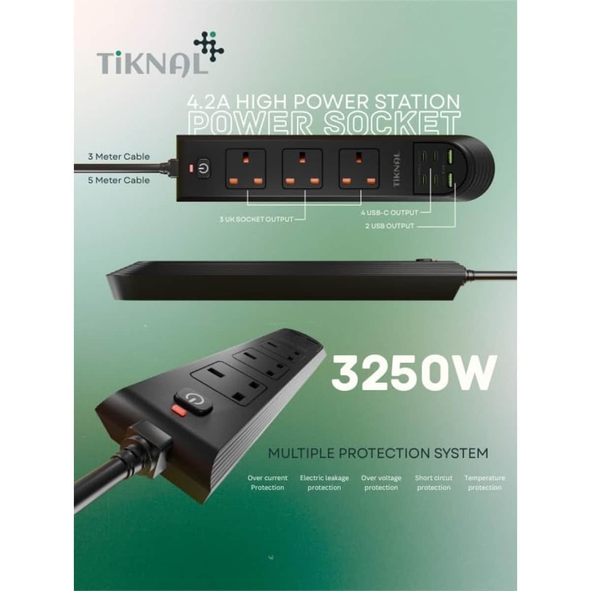 تيكنال مشترك كهربائي بقدرة 3250W مع 3 مقابس و4 منافذ USB