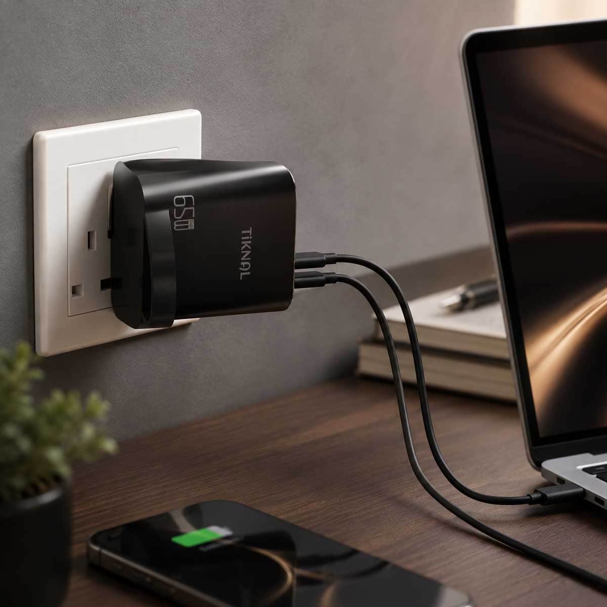 Tiknal 65W TK-H102 3-Port Dual USB-C + USB-A GaN Wall Charger