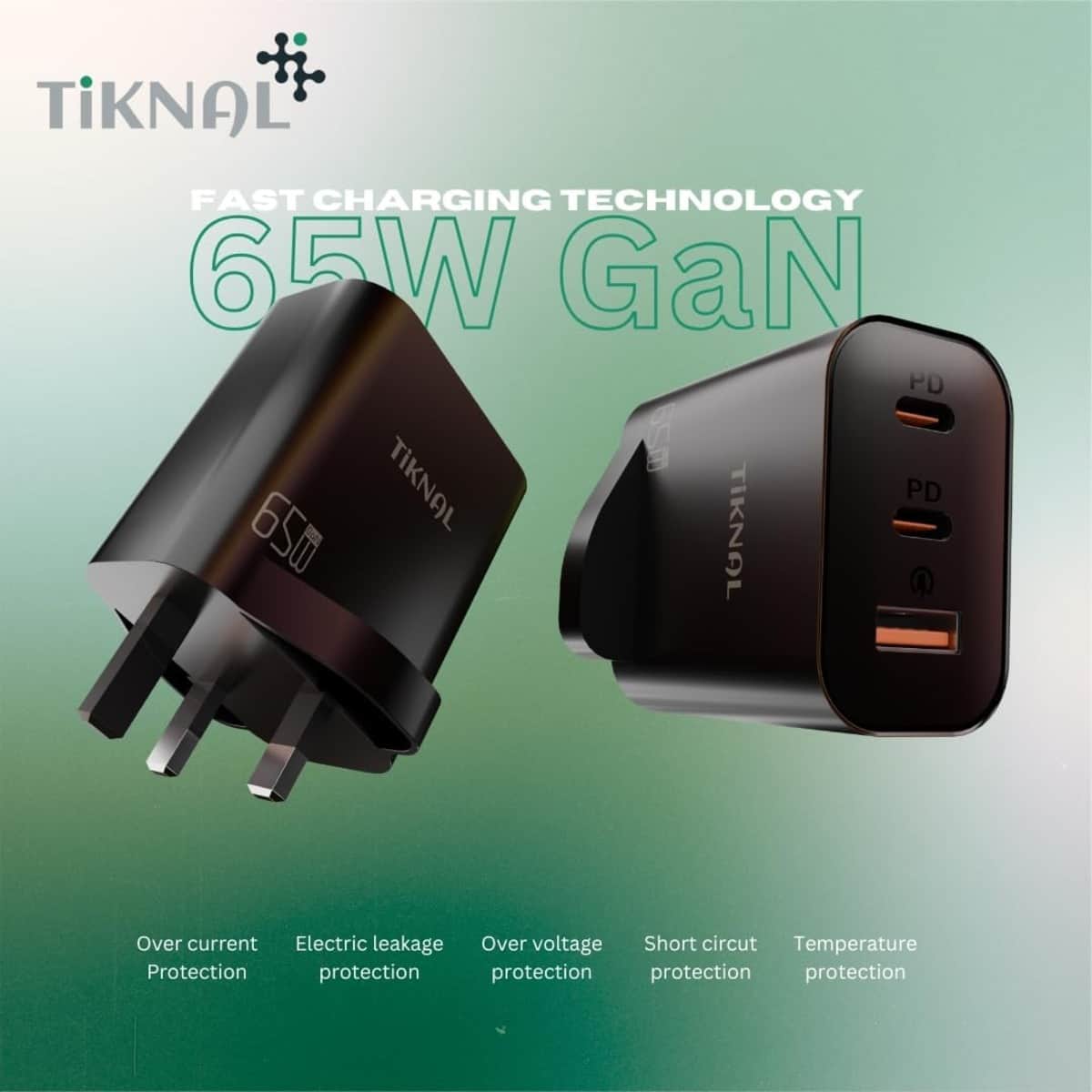Tiknal 65W TK-H102 3-Port Dual USB-C + USB-A GaN Wall Charger