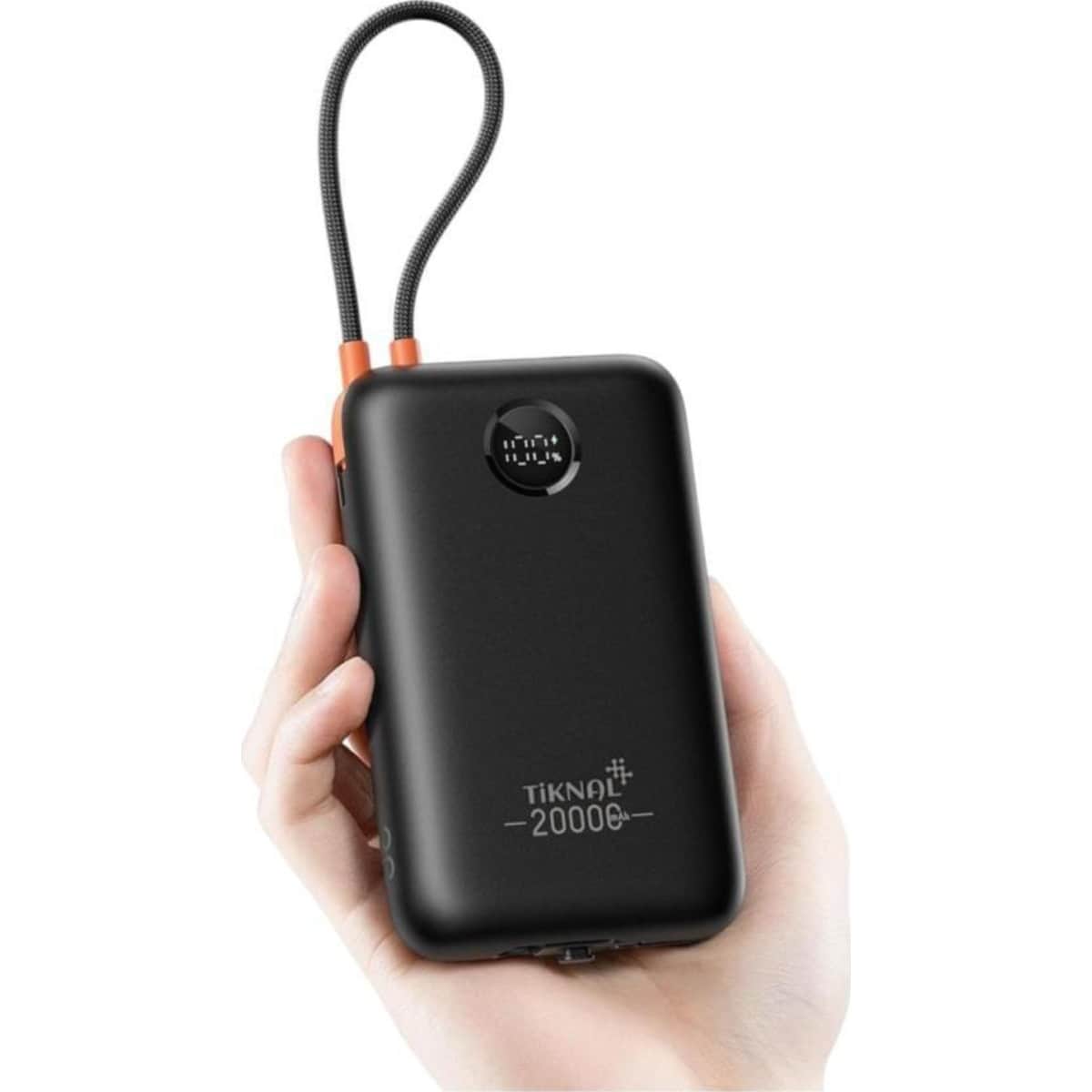 Tiknal Black 20000mAh 22.5W Power Bank with Built-in USB-C & Lightning Cable