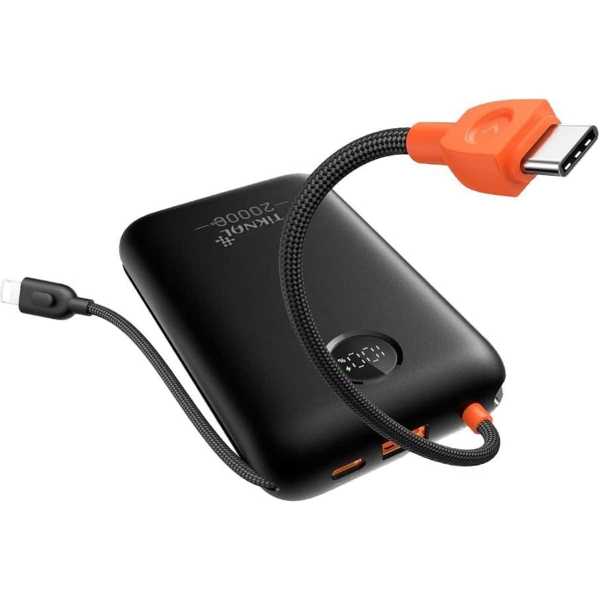 Tiknal Black 20000mAh 22.5W Power Bank with Built-in USB-C & Lightning Cable